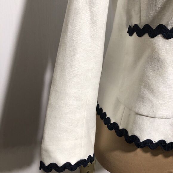 J Crew Linen Jacket Womens 2 White Blue Blazer Ric Rac Trim Career Office - Picture 6 of 15